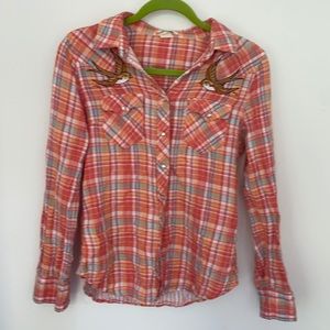 Levi’s button up top with embroidered birds